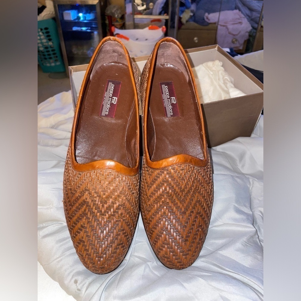 MIGLIORE men shoes Made in Italy loafer basket weave leather brown Size 8 - Picture 2 of 9